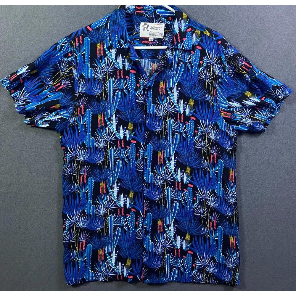 Refinery Republic Shirt Men Large Blue Camp Cactus Western Hawaiian Floral Yucca